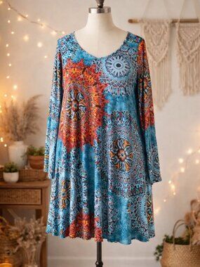 Dearcase Teal Mandala Print Swing Dress Plus XL Boho Festival Art-To-Wear Retro